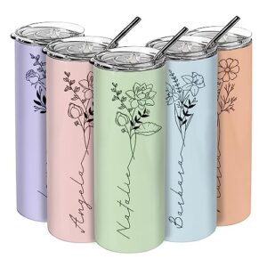 birthday gifts for women, personalized skinny tumblers with birth flower i 10 colors - 20 oz i gifts for women, bpa free tumbler customized with name