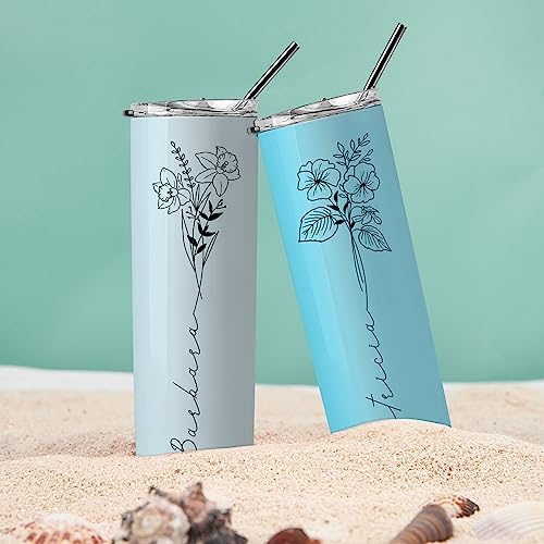 Birthday Gifts For Women, Personalized Skinny Tumblers with Birth Flower I 10 Colors - 20 Oz I Gifts for Women, BPA Free Tumbler Customized with Name