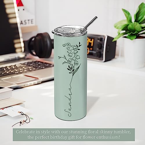 Birthday Gifts For Women, Personalized Skinny Tumblers with Birth Flower I 10 Colors - 20 Oz I Gifts for Women, BPA Free Tumbler Customized with Name