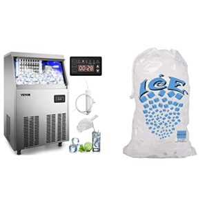 vevor commercial ice maker machine, 120-130lbs/24h with 33lbs bin, stainless steel automatic operation commercial ice maker & perfectware - pw icebags-ds-100ct 10lb ice bags with drawstring-100ct