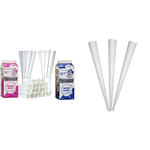 Perfectware 2 Pack Cotton Candy Floss Sugar with 100 Count Paper Cotton Candy Cones. Pink Vanilla and Blue Raspberry& PW Cotton Candy Cone 100ct Cotton Candy Cones 100ct