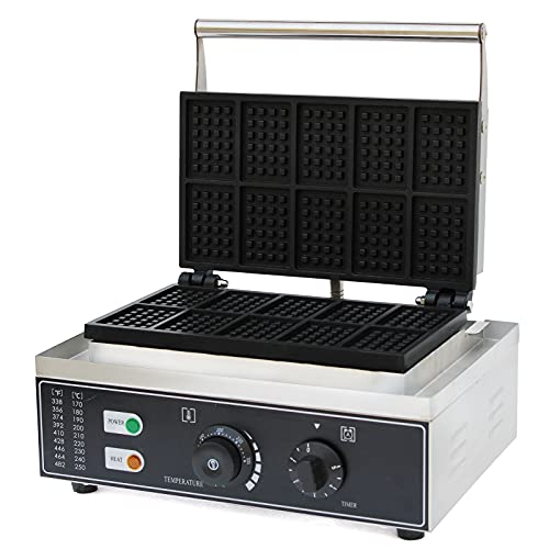 110V 1500W Commercial Waffle Maker 10Pcs Nonstick Electric Waffle Machine Temperature and Time Control Stainless Steel Rectangle Waffle Maker Waffle Iron for Bakeries Snack Bar Family Restaurant