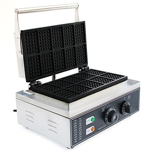 110V 1500W Commercial Waffle Maker 10Pcs Nonstick Electric Waffle Machine Temperature and Time Control Stainless Steel Rectangle Waffle Maker Waffle Iron for Bakeries Snack Bar Family Restaurant