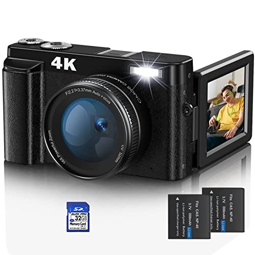 4K Digital Camera 60FPS Auto Focus 48MP Vlogging Video Camera 16X Digital Zoom Camera with 180°Flip Screen Anti-Shake Compact Camera for Beginner 32GB Memory Card