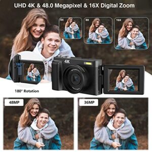 4K Digital Camera 60FPS Auto Focus 48MP Vlogging Video Camera 16X Digital Zoom Camera with 180°Flip Screen Anti-Shake Compact Camera for Beginner 32GB Memory Card