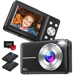 digital camera, kids camera with 32gb card fhd 1080p 44mp vlogging camera for photography with 16x zoom, compact portable point and shoot digital cameras for starters,teens boys girls (black)