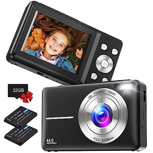 Digital Camera, Kids Camera with 32GB Card FHD 1080P 44MP Vlogging Camera for Photography with 16X Zoom, Compact Portable Point and Shoot Digital Cameras for Starters,Teens Boys Girls (Black)