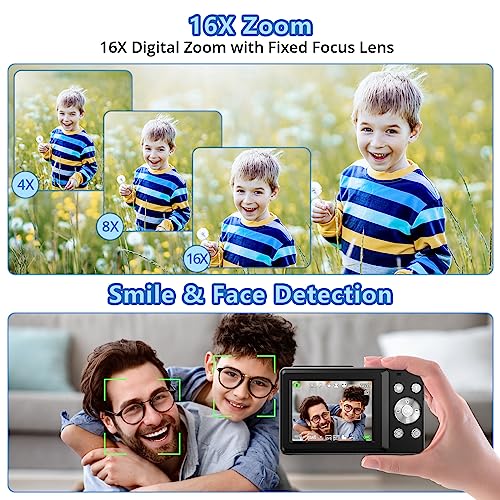 Digital Camera, Kids Camera with 32GB Card FHD 1080P 44MP Vlogging Camera for Photography with 16X Zoom, Compact Portable Point and Shoot Digital Cameras for Starters,Teens Boys Girls (Black)