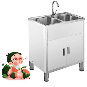 Utility Sink Double Bowl Sinks Stainless Steel Stand Alone Sink Free Standing Catering Commercial Sink with Drainer Unit and Tap for Outdoor Indoor Garage Laundry/Utility Room. ( Color : Hot and cold