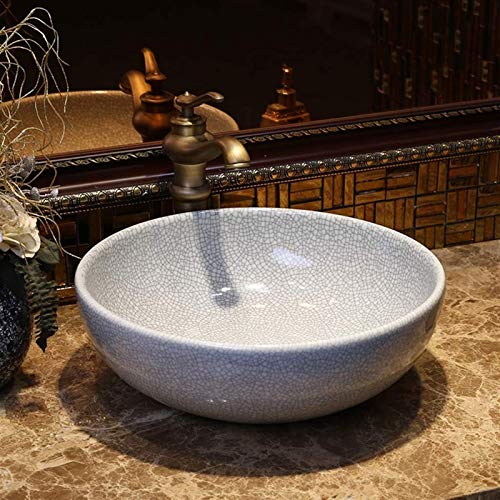 TONPOP Round Wash Basin,Retro Ceramic Container Sink - Ice Crack Grain Art Counter Basin - Suitable for Families,Hotels,KTV,Restaurants (Color : A) (B)