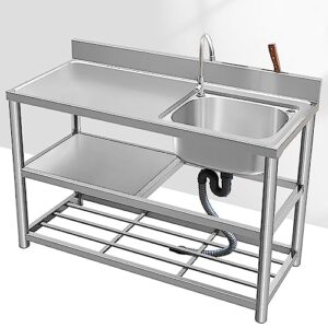 nycda utility free-standing commercial sink, outdoor stainless steel sink single bowl restaurant kitchen sink set, w/drainboard & double storage shelves, faucet 80x50x80cm/31.5x19.7x31.5in right