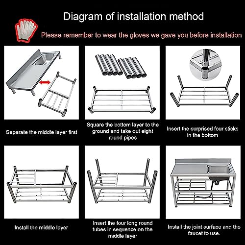 NYCDA Utility Free-Standing Commercial Sink, Outdoor Stainless Steel Sink Single Bowl Restaurant Kitchen Sink Set, w/Drainboard & Double Storage Shelves, Faucet 80x50x80cm/31.5x19.7x31.5in Right