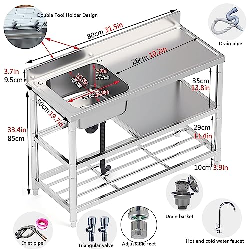 NYCDA Utility Free-Standing Commercial Sink, Outdoor Stainless Steel Sink Single Bowl Restaurant Kitchen Sink Set, w/Drainboard & Double Storage Shelves, Faucet 80x50x80cm/31.5x19.7x31.5in Right