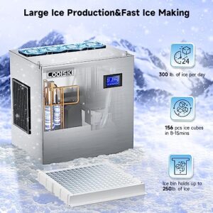 Coolski Commercial Ice Maker Machine 300LBS/24H, 22'' Air Cooled Commercial Ice Machine with Ice Bin, Modular Ice Machine for Restaurants Clear Ice Cubes/Stainless Steel Construction/ETL Approved