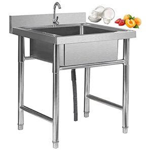 catering kitchen sink, single bowl brushed stainless steel commercial sink free?standing?utility?washbasin with accessories faucet used to restaurant outdoor workstation (60 * 60 * 80cm)
