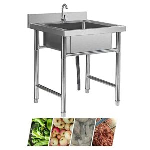 stainless steel sink, commercial utility kitchen sink multifunction free standing movable single?bowl?catering sink household wash vegetable basin with backsplash faucet (60 * 60 * 80cm)