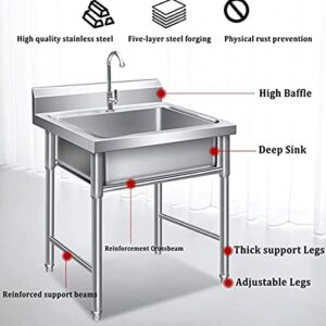 Kitchen Sink, Commercial Stainless Steel Single Bowl Handmade Sink Free?Standing?Utility Floor Mounted Catering Sink with Strainer Bracket for Indoor Garage Farmhouse Cafe Shop (60 * 60 * 80cm)