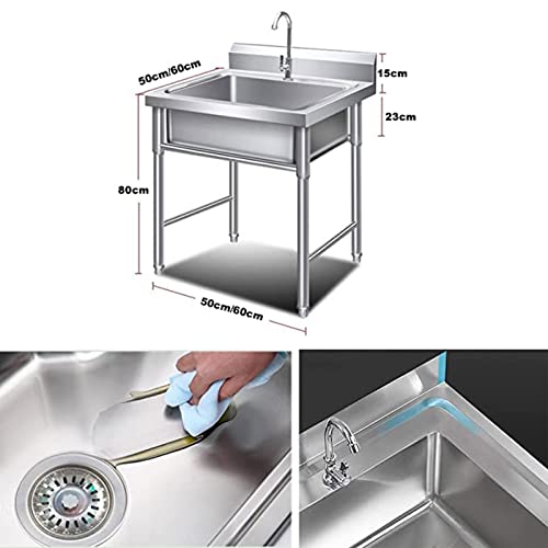 Kitchen Sink, Commercial Stainless Steel Single Bowl Handmade Sink Free?Standing?Utility Floor Mounted Catering Sink with Strainer Bracket for Indoor Garage Farmhouse Cafe Shop (60 * 60 * 80cm)