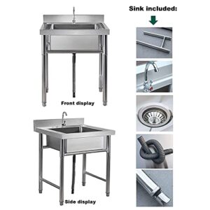 Kitchen Sink, Commercial Stainless Steel Single Bowl Handmade Sink Free?Standing?Utility Floor Mounted Catering Sink with Strainer Bracket for Indoor Garage Farmhouse Cafe Shop (60 * 60 * 80cm)