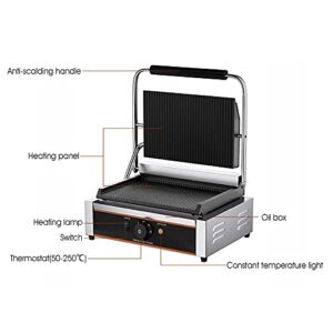 1800/2200W Commercial Panini Press Grill, 23x34/50x23cm Grill Cheese Sandwich Maker, Panini Sandwich Grill 50-300℃ Adjustment, CE/FCC (Single)