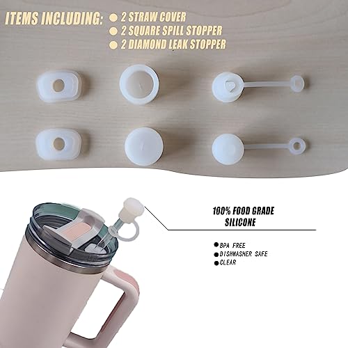 Silicone Spill Proof Stopper Set of 6, Compatible with Stanley Cup 1.0/2.0 40oz/ 30oz, Tumbler Accessories, Including 2 Straw Cover Cap, 2 Square Spill Stopper and 2 Round Leak Stopper (1.0/2.0-Clear)