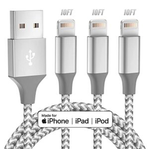 iphone charger [apple mfi certified] 3pack 10ft lightning cable fast charging high speed transmission cord compatible iphone 14/13/12/11 pro max/xs max/xr/xs/x/8/7/plus/6s -grey white