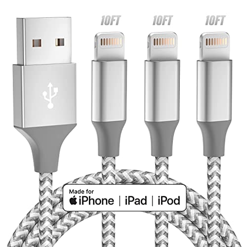 iPhone Charger [Apple MFi Certified] 3pack 10FT Lightning Cable Fast Charging High Speed Transmission Cord Compatible iPhone 14/13/12/11 Pro Max/XS MAX/XR/XS/X/8/7/Plus/6S -Grey White