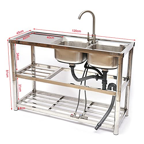 Commercial Kitchen Sink, Free Standing Stainless Steel 2 Compartment Utility Sink with Drainer Unit & Faucets Kitchen Prep Table Outdoor Sink for Garage, Restaurant, Kitchen, Laundry Room