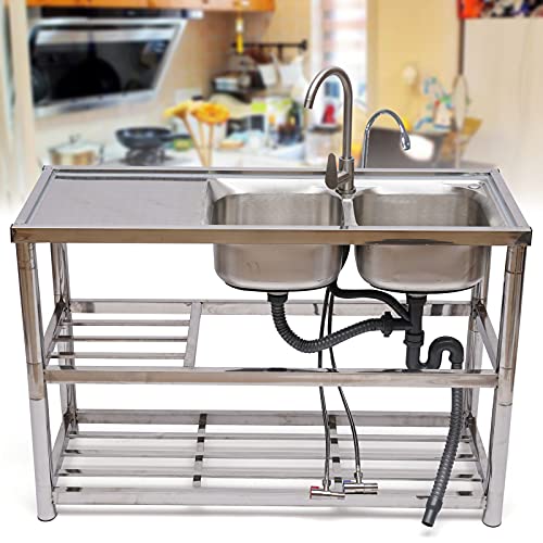 Commercial Kitchen Sink, Free Standing Stainless Steel 2 Compartment Utility Sink with Drainer Unit & Faucets Kitchen Prep Table Outdoor Sink for Garage, Restaurant, Kitchen, Laundry Room