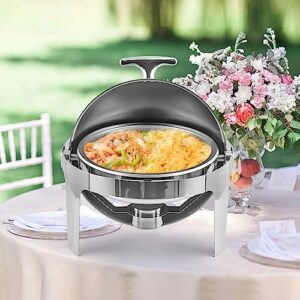 Roll Top Chafing Dish Buffet Set, 6.8 Quart Full Size Pan Chafer, Round Stainless Steel Set, for Wedding, Parties, Banquet, Catering Event, 1 Pack