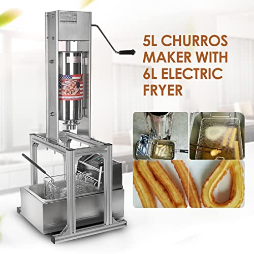 Commercial Maker Churros Machine,5L Stainless Steel Vertical Spanish Donut Churros Machine Maker Snack Equipment with 6L Electric Deep Fryer and Stand for Restaurant Home Use,220V