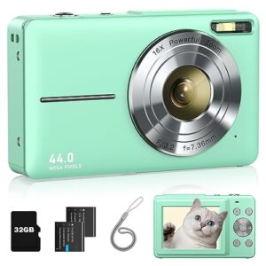 digital camera, fhd 1080p kids camera with 32gb card, 2 batteries, lanyard, 16x zoom anti shake, 44mp compact portable small point and shoot cameras gift for kids student teens girl boy(apple green)