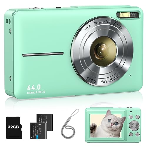 Digital Camera, FHD 1080P Kids Camera with 32GB Card, 2 Batteries, Lanyard, 16X Zoom Anti Shake, 44MP Compact Portable Small Point and Shoot Cameras Gift for Kids Student Teens Girl Boy(Apple Green)