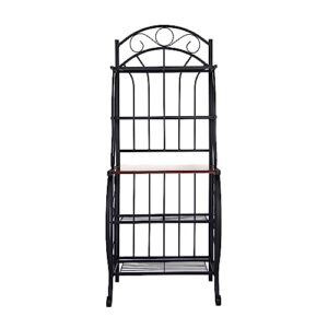 65 Inch 5 Tier Bakers Rack, Middle Wood Shelf, Carved Black Metal Frame