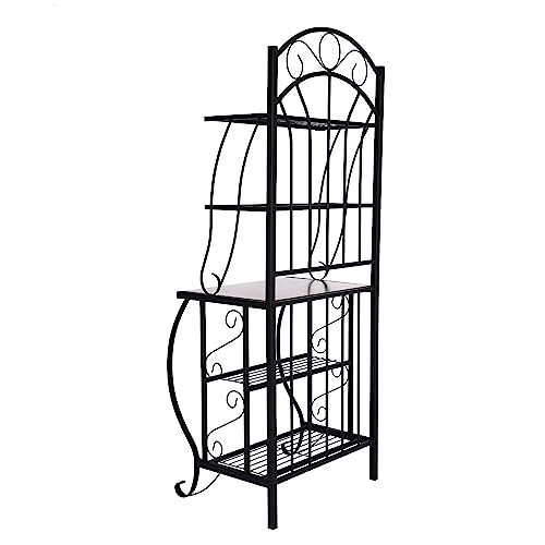 65 Inch 5 Tier Bakers Rack, Middle Wood Shelf, Carved Black Metal Frame