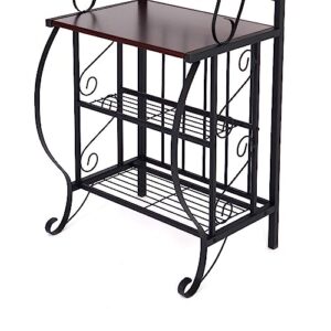 65 Inch 5 Tier Bakers Rack, Middle Wood Shelf, Carved Black Metal Frame