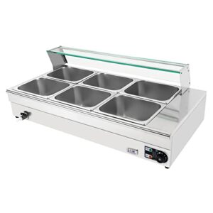 110V Bain Marie Food Warmer 6 Pan, Food Grade Stainelss Steel Commercial Food Steam Table 6-Inch Deep, 1200W Electric Countertop Food Warmer with Tempered Glass Shield