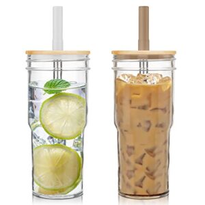 cafezi 24oz mason jar drinking glasses with bamboo lids and straws 2 pack，reusable boba cup smoothie tumbler glass bubble tea cup，iced coffee cup，bpa free, dishwasher safe