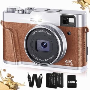 Upgraded 4K Digital Camera with SD Card Autofocus, 48MP Digital Camera with Flash Viewfinder & Dial, Vlogging Camera for Photography and Video Anti-Shake, Compact Travel Camera 16X Zoom (2 Batteries)