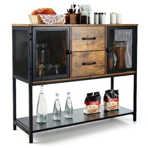 qzwcq buffet storage cabinet, 39" kitchen sideboard with open shelf, industrial buffet sideboard kitchen cupboard with metal mesh doors & 2 drawers for kitchen hallway entry living room dining room
