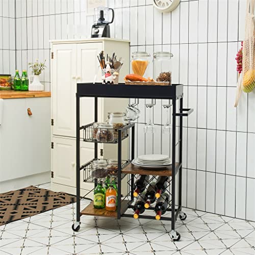 LIUJUN 4-Tier Kitchen Bar Cart Rolling Serving Trolley Wine Rack Removable Tray Basket