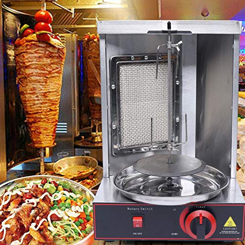 Gas Shawarma Machine, 110V Stainless Steel Propane Vertical Doner Kebab Machine, Commercial LPG Meat Broiler, Home Spinning Grill, Rotisserie Oven with 1 Burner Top Tray for Restaurant Kitchen