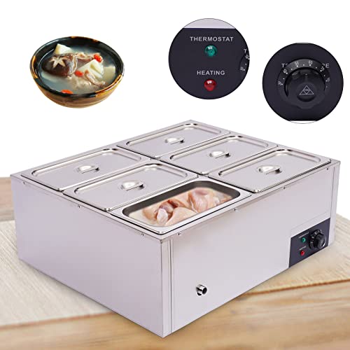 TFCFL Food Warmer Steamer Steam Table Stainless Steel Buffet Electric 6 Pans 850W 110V Electric Bain-Marie Food Warmer Stainless Steel Buffet Food Warmer Steam Table
