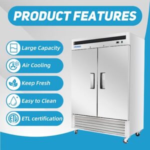 BLUELINETECH 54" W Commercial Refrigerator 2 Solid Door, 47.3 cu. ft Stainless Steel Reach-in Air Cooling Commercial Fridge Cooler for Restuarant ETL