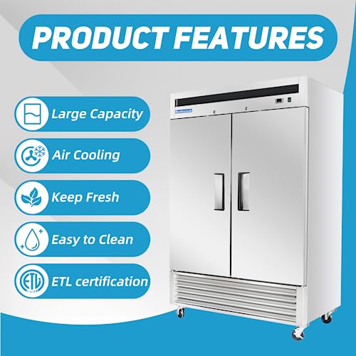 BLUELINETECH 54" W Commercial Refrigerator 2 Solid Door, 47.3 cu. ft Stainless Steel Reach-in Air Cooling Commercial Fridge Cooler for Restuarant ETL