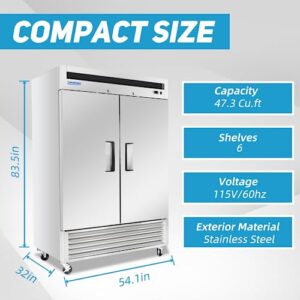 BLUELINETECH 54" W Commercial Refrigerator 2 Solid Door, 47.3 cu. ft Stainless Steel Reach-in Air Cooling Commercial Fridge Cooler for Restuarant ETL