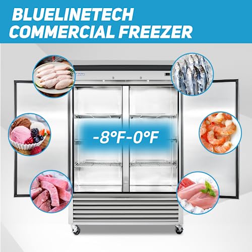 Bluelinetech 54" Commercial Freezer 2 Solid Door, 47.3 cu. ft Smart Temperature Control Stainless Steel Reach-in Upright Commercial Freezer for Commercial Kitchen, Restuarant, Bar, Shop, etc