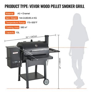 VEVOR Smoker Pellet Grill,Portable Wood Pellet Grill with Cart for Outdoor Cooking, Barbecue Camping,Picnic,Patio and Backyard,580 sq,Black