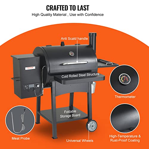 VEVOR Smoker Pellet Grill,Portable Wood Pellet Grill with Cart for Outdoor Cooking, Barbecue Camping,Picnic,Patio and Backyard,580 sq,Black