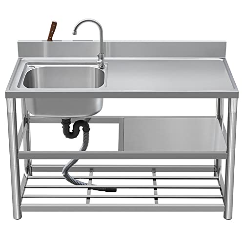 ORNBDDM Commercial Stainless Steel Sink，Stainless Steel Utility Sink,Single Bowl Commercial Kitchen Sink w/Workbench, Utility Kitchen Sinks W/Faucet/Drain Kit 90 * 50 * 80cm/35.4 * 19.7 * 31.5in A